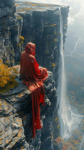 A Zen monk sits in serene meditation on the edge of a cliff watching a huge waterfall with his dog,generative ai