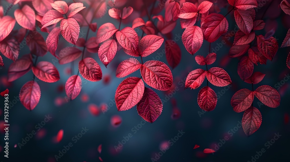 Vibrant red leaves floating against blue background, nature meets art. dreamy autumn scene for calm and inspiration. AI