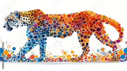 a colorful picture of a cheetah on a white background with circles in the shape of a large, multicolored cheetah.
