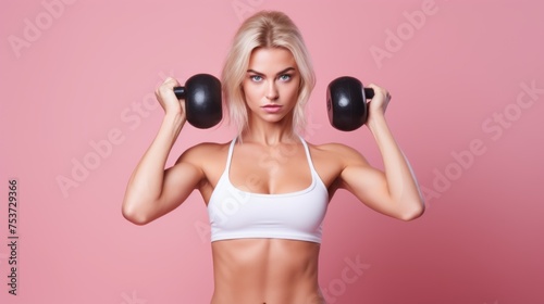 Portrait of a Young Caucasian blonde fitness woman looking at the camera with weights on a pink background. Sports, Bodybuilding, Crossfit, Energy, Training, Weightlifting, Physical education.