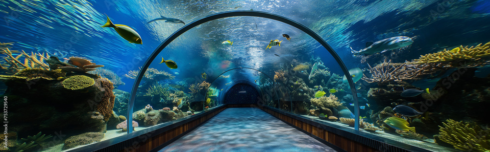 custom made wallpaper toronto digitalTunnel aquarium with various fish.Panorama view.  Generative AI