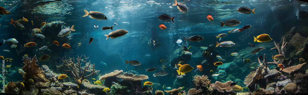 Fototapeta premium Aquarium with various fish.Panorama view. Generative AI