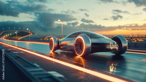 A snail shaped EV car gliding silently on a futuristic highway at dusk