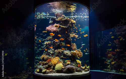 Cylinder aquarium with various fish. Generative AI