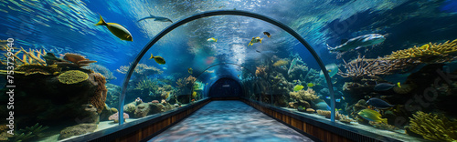 Wallpaper Mural Tunnel aquarium with various fish.Panorama view.  Generative AI Torontodigital.ca