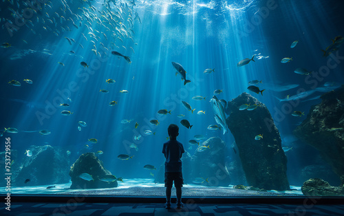 Aquarium with a boy watching various fish. Generative AI