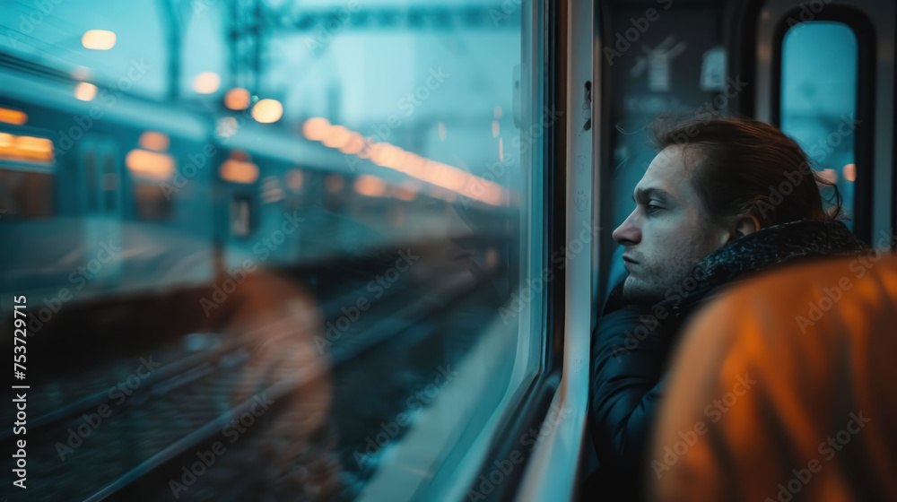 Contemplative Solo Traveler, View from Train Window, Cool Tones Contemplative Solo Traveler, View from Train Window, Cool Tones