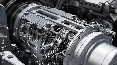 Close up of a car engine, showcasing automotive engineering and design