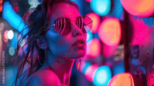 Stylish Woman in Neon Cityscape, Pink and Blue Glow