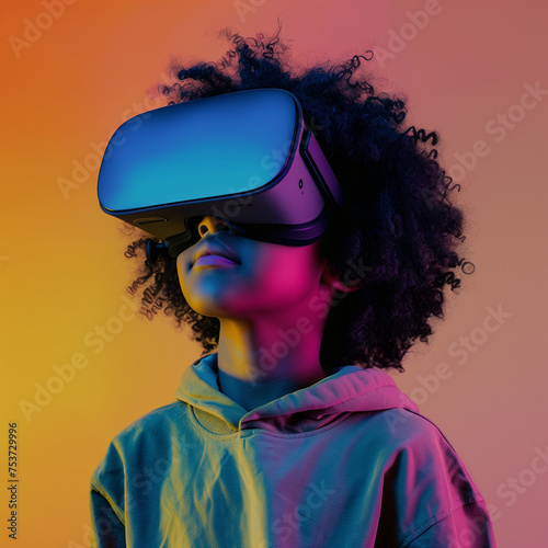 Afro american boy wearing virtual reality glasses. Advertisment shoot. Orange blue background. AI Generated