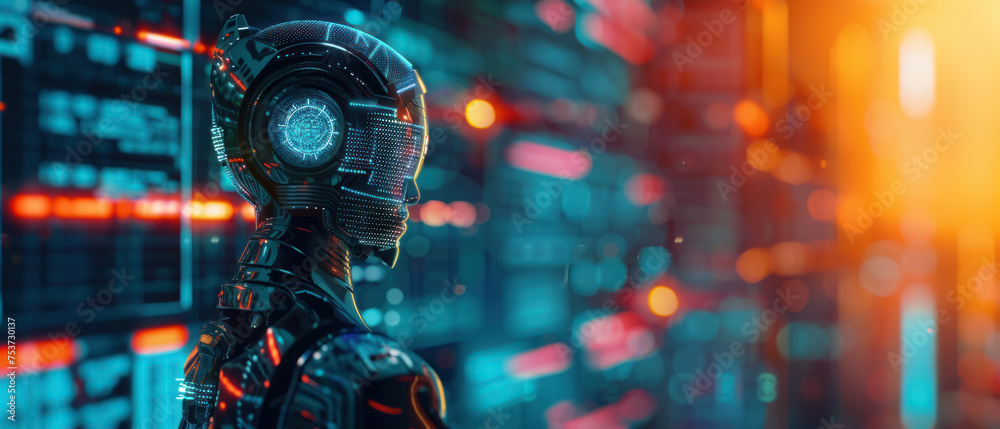 High-tech robot with graph projection capabilities, neon circuitry, engaging in algorithmic trading, surrounded by floating digital interfaces. - obrazy, fototapety, plakaty 