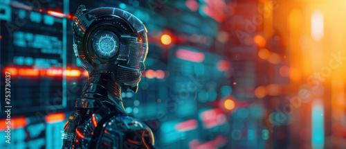 High-tech robot with graph projection capabilities, neon circuitry, engaging in algorithmic trading, surrounded by floating digital interfaces.