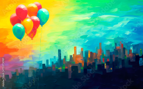 Abstract colorful painting of many colorful balloon in fantasy sky and city night background.magical and miracle style.festival and celebration ideas