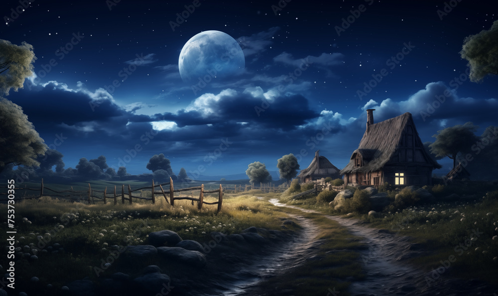 Old village at night, beautiful ancient rural landscape with moon and stars, illustration generated by ai Old village at night, beautiful ancient rural landscape with moon and stars, illustration generated by ai