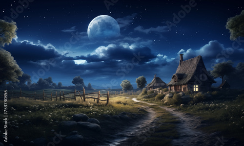 Old village at night, beautiful ancient rural landscape with moon and stars, illustration generated by ai