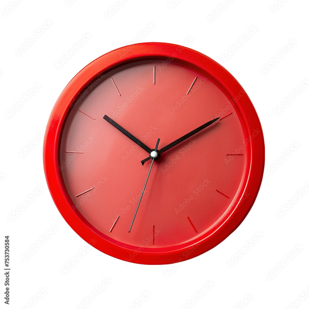 Red wall clock isolated on transparent background.