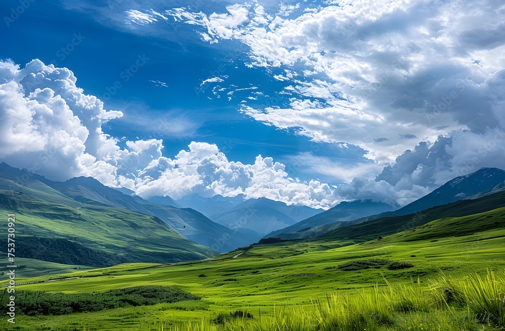 A breathtaking Canon EOS R5 capture of a lush, green valley and towering mountains under a cloud-dotted blue sky in Himachal Pradesh.