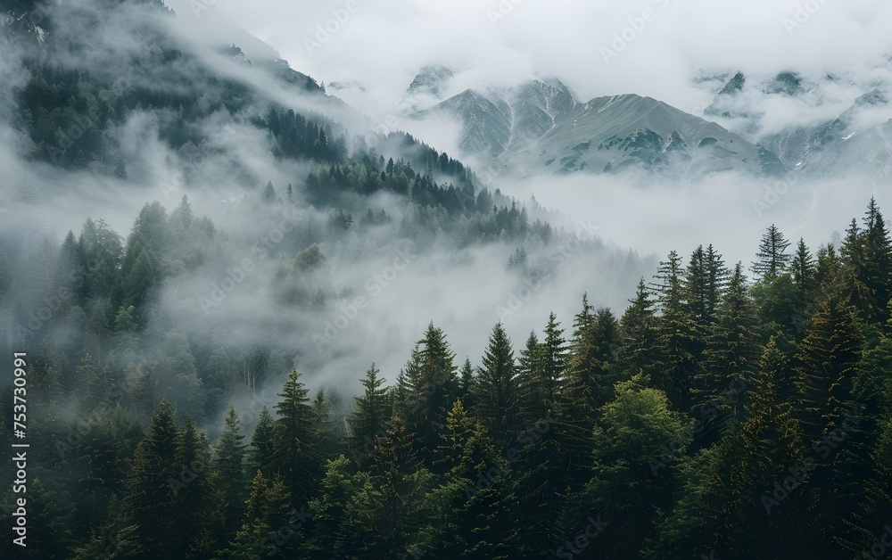 Fototapeta premium Minimalistic Forest and Mountain Landscape Shrouded in Mist, Captured in Unsplash Style, Aspect Ratio 8:5