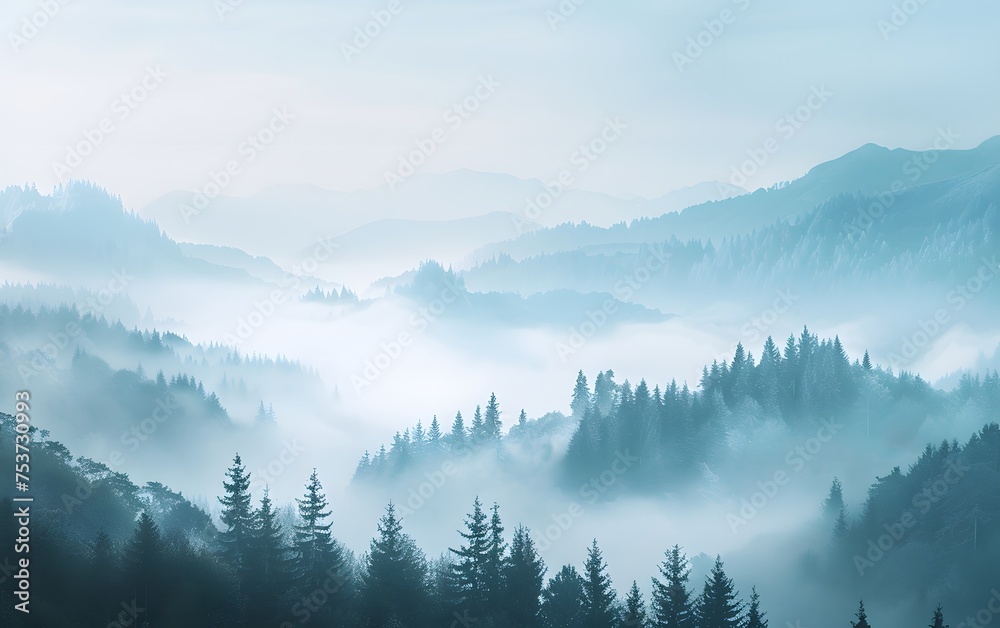 Minimalistic Misty Forest and Mountain Landscape in Unsplash Style, Aspect Ratio 8:5