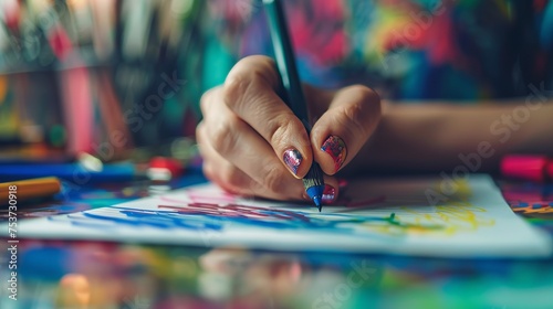 Detailed close up of a hand signing an artistic contract with the signature being creatively stylized set against a backdrop of art supplies
