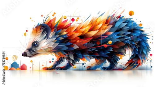 a picture of a colorful animal made up of different shapes and sizes of feathers on a white background with a reflection in the foreground. photo