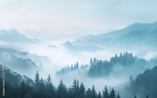 Minimalistic Misty Forest and Mountain Landscape in Unsplash Style, Aspect Ratio 8:5 © Pierre