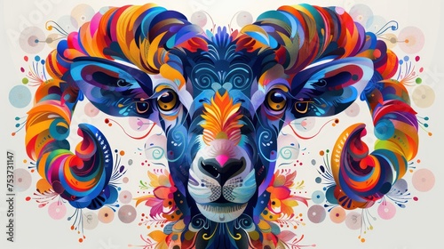 a colorful painting of a sheep's head with colorful swirls on it's face and a white background.
