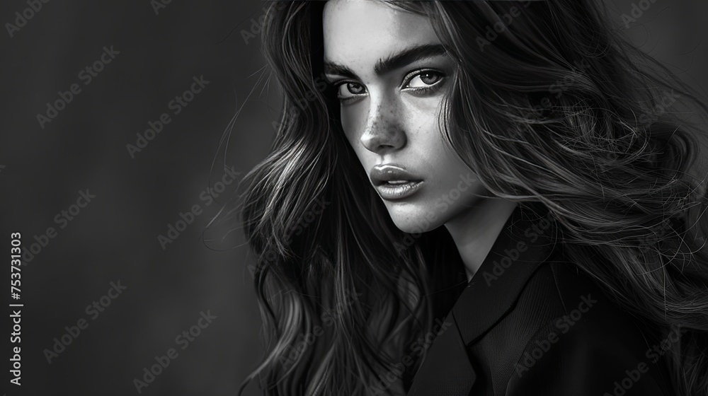 Monochrome Image of a Woman with Intense Gaze Black and white portrait of a compelling woman with a powerful and intense gaze, her hair flowing freely, encapsulating timeless beauty.

