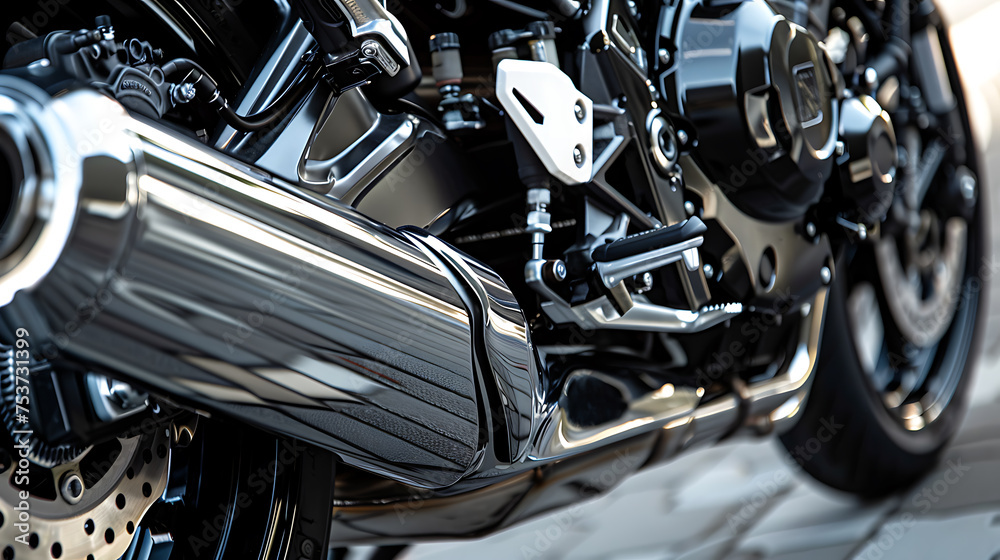 Close up image of a motorcycles exhaust pipe, showcasing automotive design Close up image of a motorcycles exhaust pipe, showcasing automotive design
