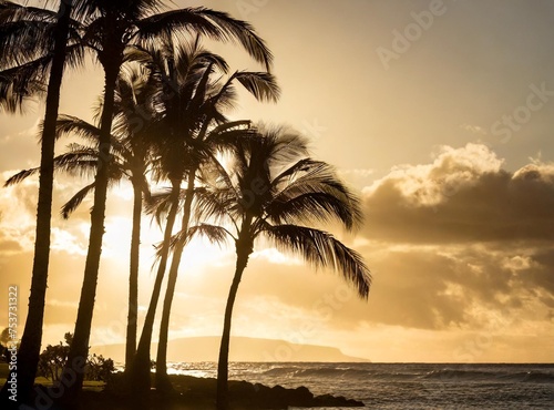 Silhouette Of Palm Trees Along The Shore At Sunset; Honolulu, Oahu, Hawaii, United States.