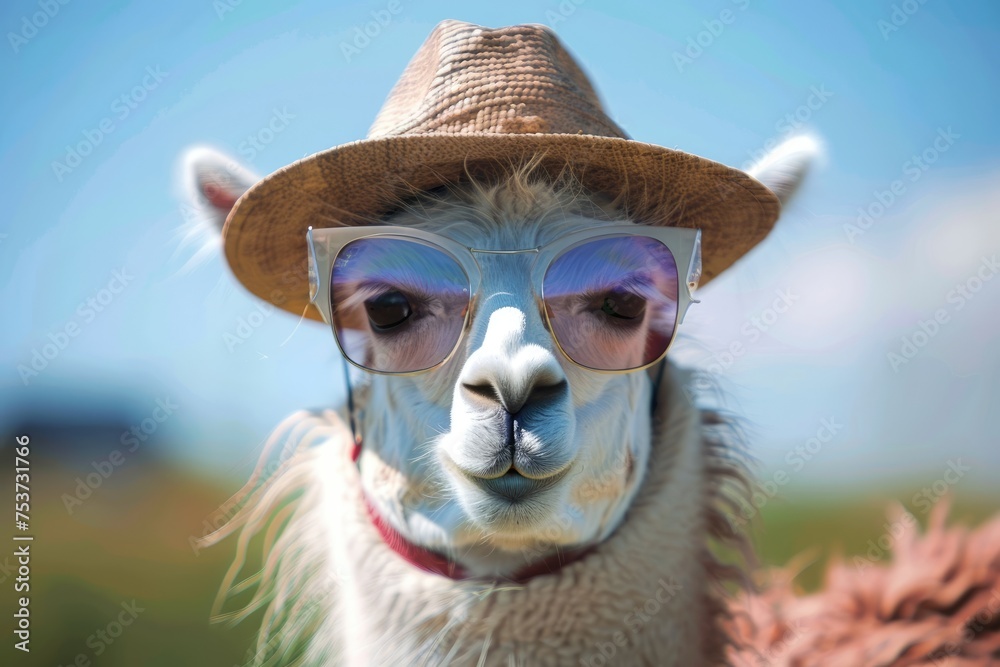 lama, alpaca in sunglasses and hat. summer concept