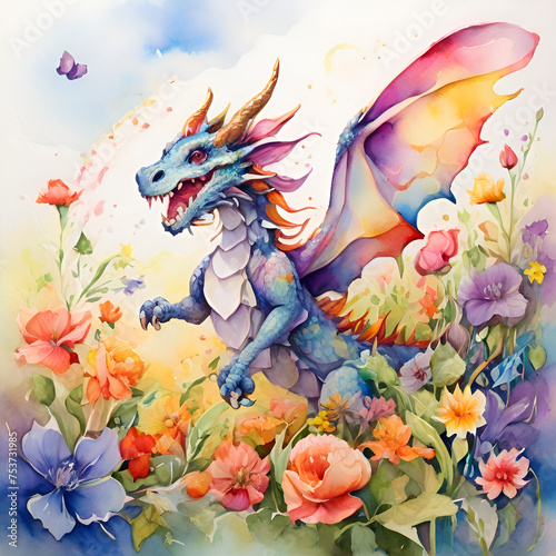 Watercolor dragon illustration, generative ai © Andreea Eremia 