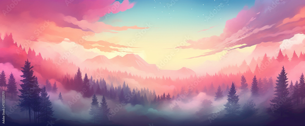 Picturesque gradient forest with misty trees and a colorful sky, showcasing the cutest and most beautiful woodland scenery. - obrazy, fototapety, plakaty 