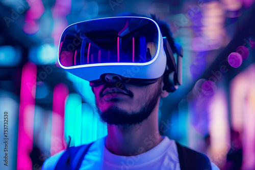 Afro american man wearing virtual reality glasses while being in a city full of neon lights. AI Generated