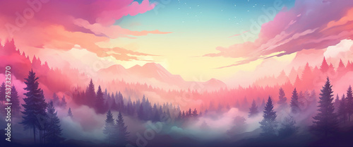 Picturesque gradient forest with misty trees and a colorful sky, showcasing the cutest and most beautiful woodland scenery. © ASMAT