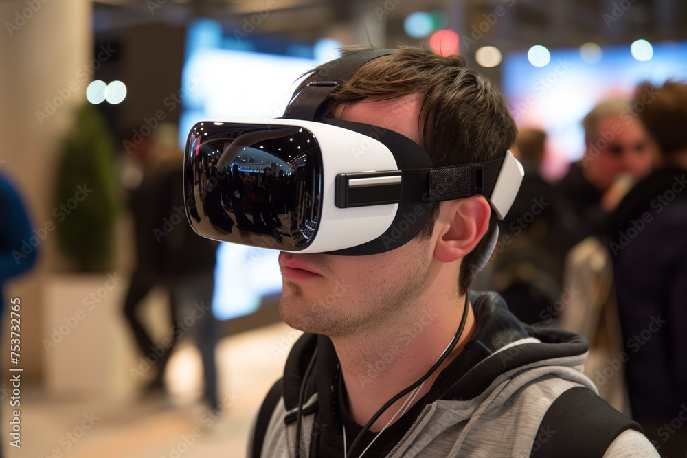 Brown haired men wearing virtual reality glasses. Exhibition background. AI Generated Brown haired men wearing virtual reality glasses. Exhibition background. AI Generated