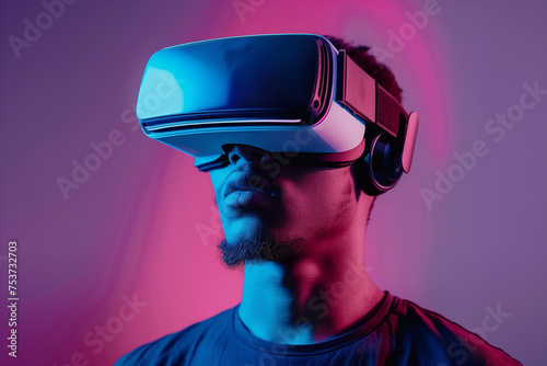 Afro american man wearing virtual reality glasses. Pink/purple background. AI Generated