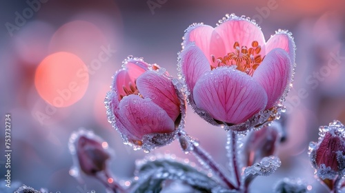 a close up of a pink flower with drops of water on it's petals and a blurry background. © Shanti