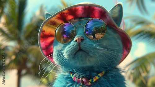 A beach-ready aquamarine cat sporting retro round sunglasses and a tie-dye beach hat, ready for a day of fun and relaxation by the shore.