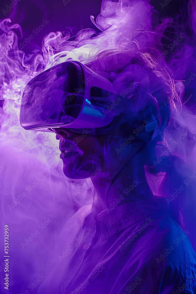 Illustration of a black woman with purple smoke wearing virtual reality glasses. AI Generated Illustration of a black woman with purple smoke wearing virtual reality glasses. AI Generated