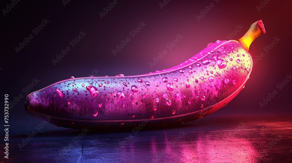 a close up of a banana with water droplets on it's skin and a red light in the background. a close up of a banana with water droplets on it's skin and a red light in the background.