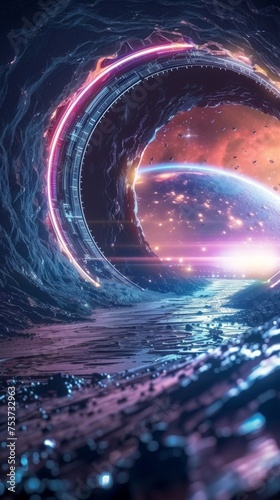 A sleek metallic time capsule approaching a glowing warp gate in a sci fi interstellar landscape