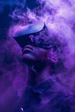 Illustration of a black woman with purple smoke wearing virtual reality glasses. AI Generated