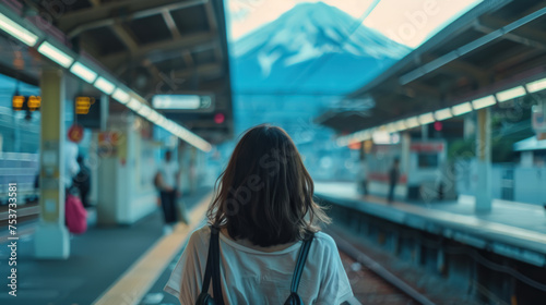 Solo Traveler Back View, Train Station, japan mountain, Cool Tones photo
