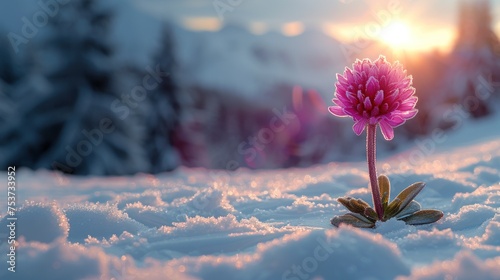 a pink flower sitting in the middle of a snow covered field with the sun setting in the distance behind it. photo