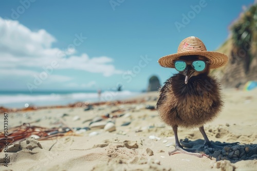 Kiwi bird in sunglasses and hat on the beach near the sea, looking at the camera. summer vacation by the sea photo