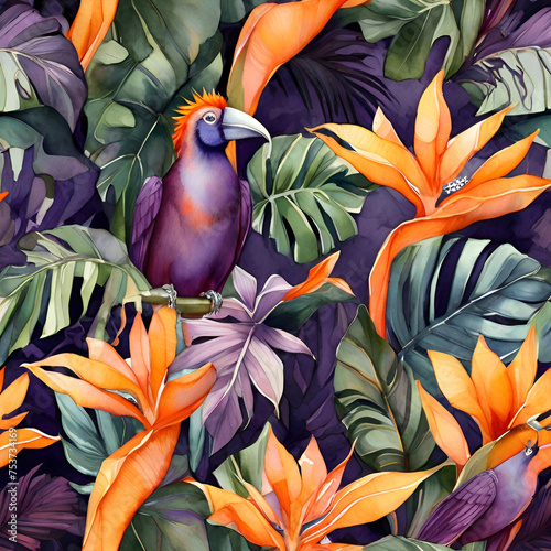 Watercolor tropical pattern, Floral paradise illustration, generative ai © Andreea Eremia 
