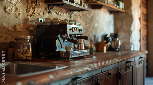 A professional espresso machine on a wooden countertop  with a rustic stone wall and kitchen utensils in the background  evoking a cozy  artisan coffee shop atmosphere. Generative AI