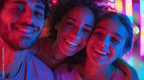 Soft focus close-up on the smiling faces of a joyful family against a vibrant neon backdrop in a refreshing