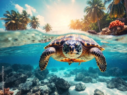 Sea turtle swimming in the under sea , Beautiful Underwater in wild nature of the Pacific Ocean , World Oceans Day Save Environment